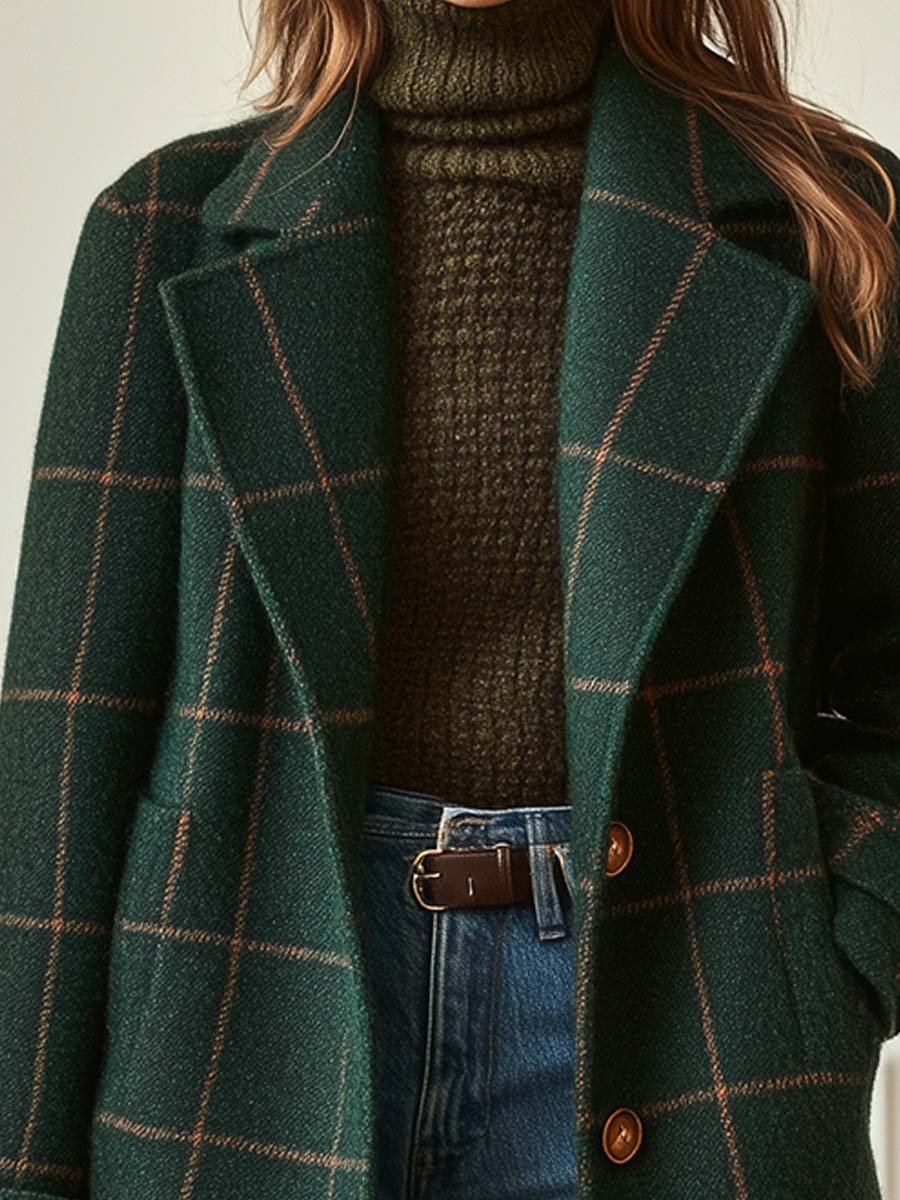 Women's Retro Lapel Plaid Wool Coat