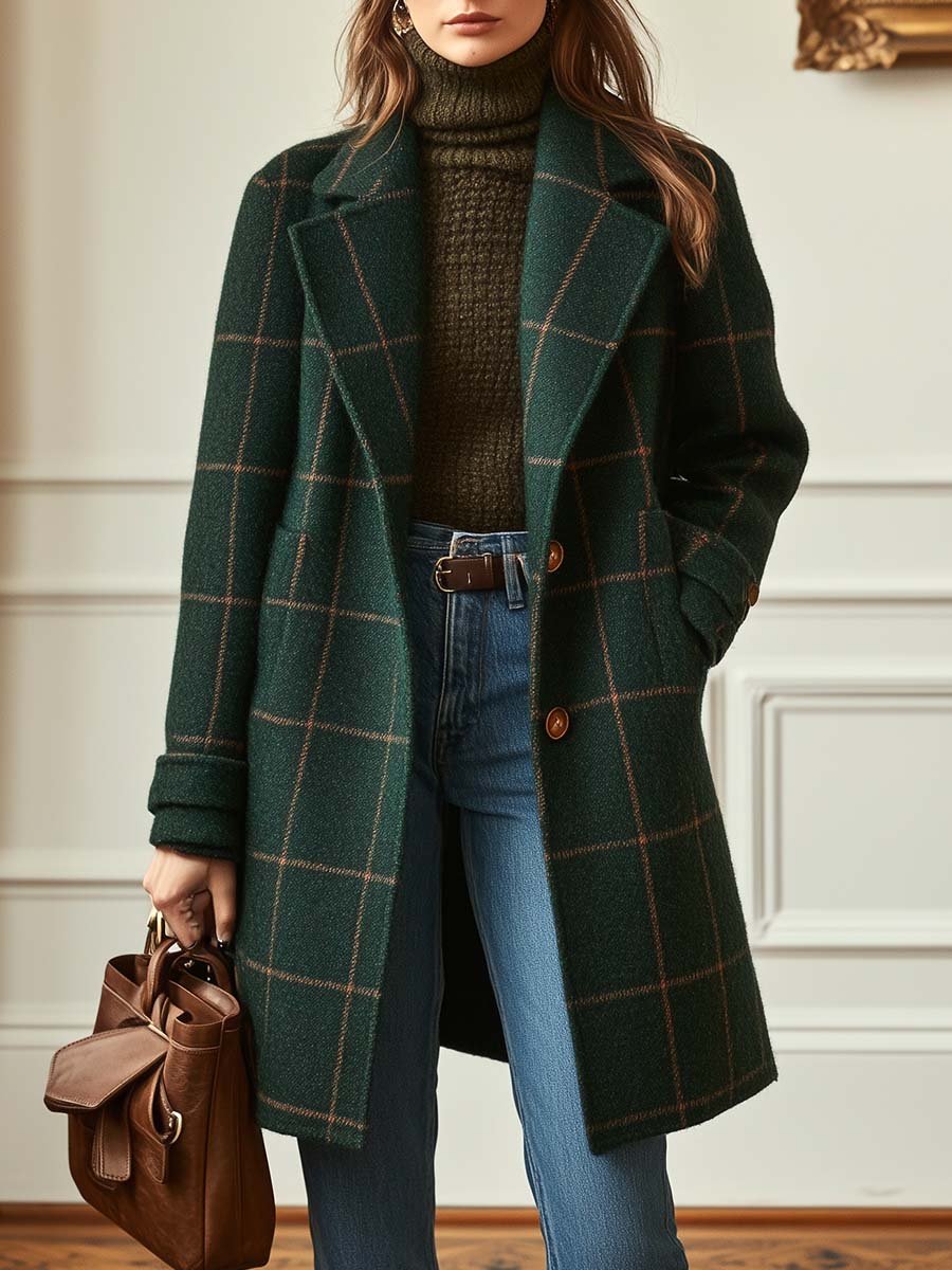 Women's Retro Lapel Plaid Wool Coat